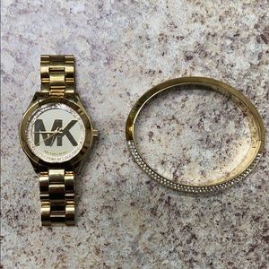MK Gold Watch and Matching Bracelet with Crystals